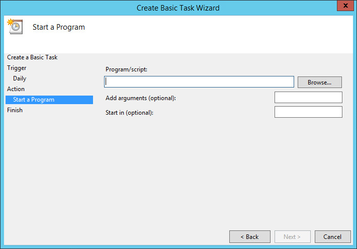 Create Basic Task Wizard screen with Start a Program highlighted under the Action step on the left, with a field to select the Program/script, an optional field to Add arguments and an optional field to set a Start in value on the right, as well as a Back button, and a Cancel button at the bottom right of the screen and a Close button in the to right corner